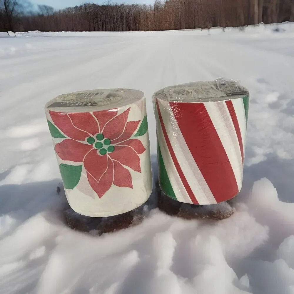 Vtg Holiday Toilet Paper 2 Lot Poinsettia Candy Cane Print Fun Quirky Decor Gift